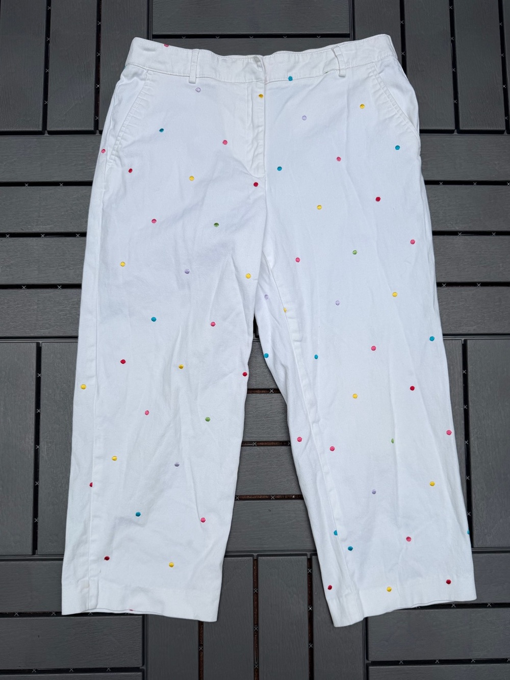 Kim Rogers White Pants with Multicolor Embroidered Dots Size 10